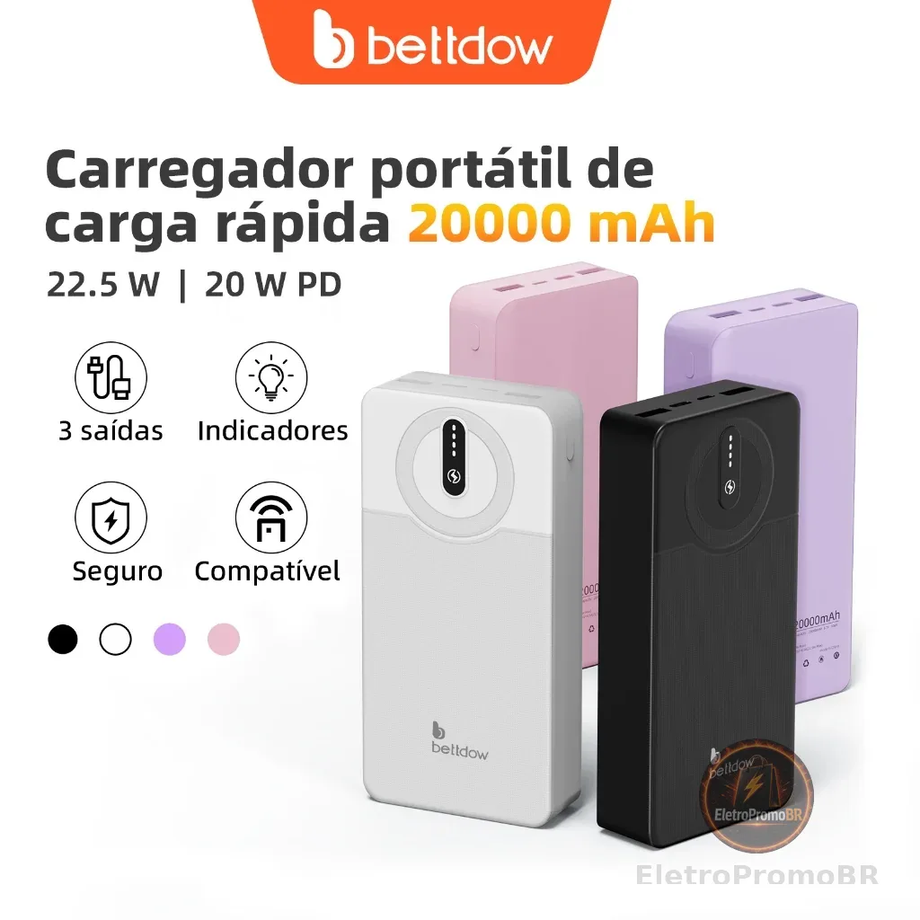 Bateria Externa BETTDOW de 10000mah/20000mAh, Carregador Portátil com Luz LED e Carregamento Rápido USB, 10W/22,5W