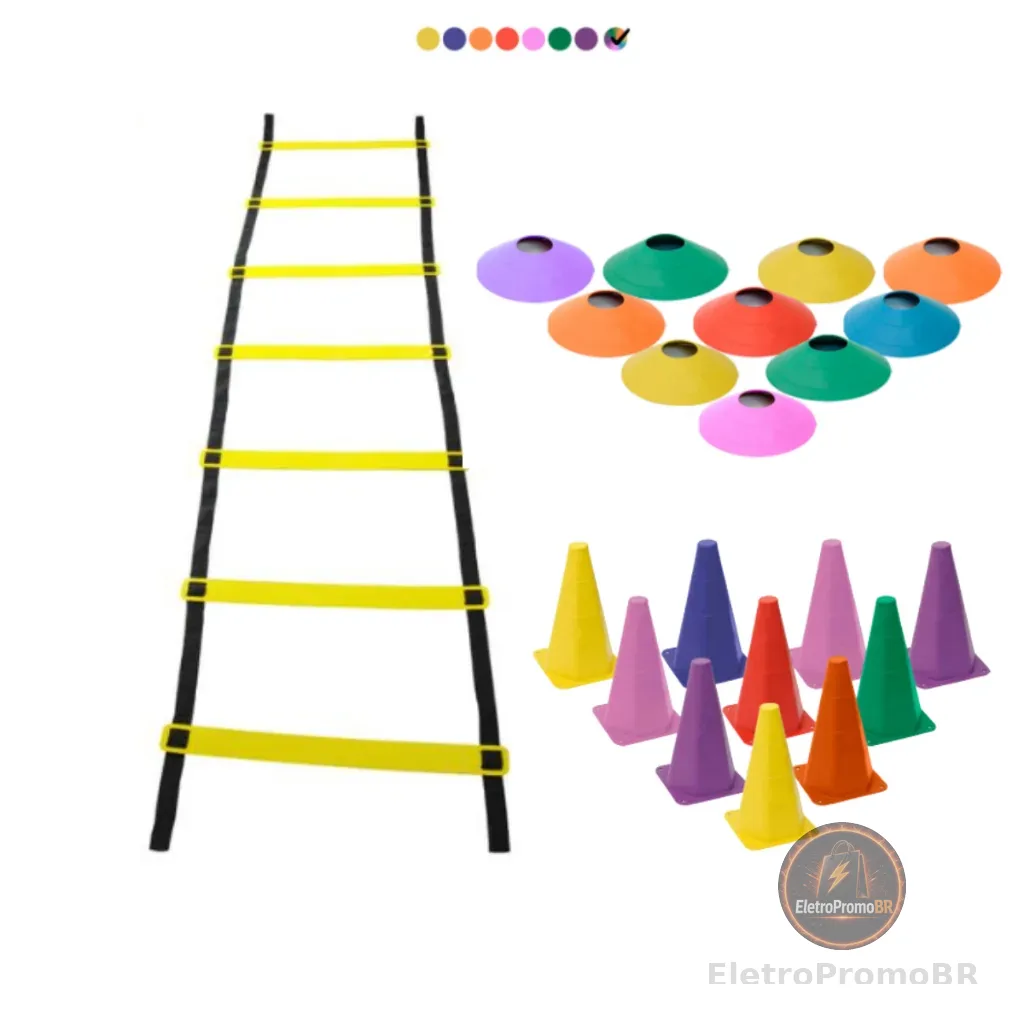 Kit Funcional Agilidade Treinamento Treino Futebol Futsal 10 Cones 10 Chapéu Chinês Escada 7 Degraus