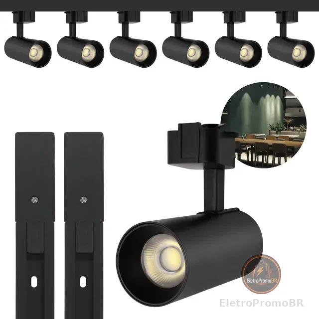 Kit Trilho Eletrificado 2 Metros + 6 Spots Led Preto 15w