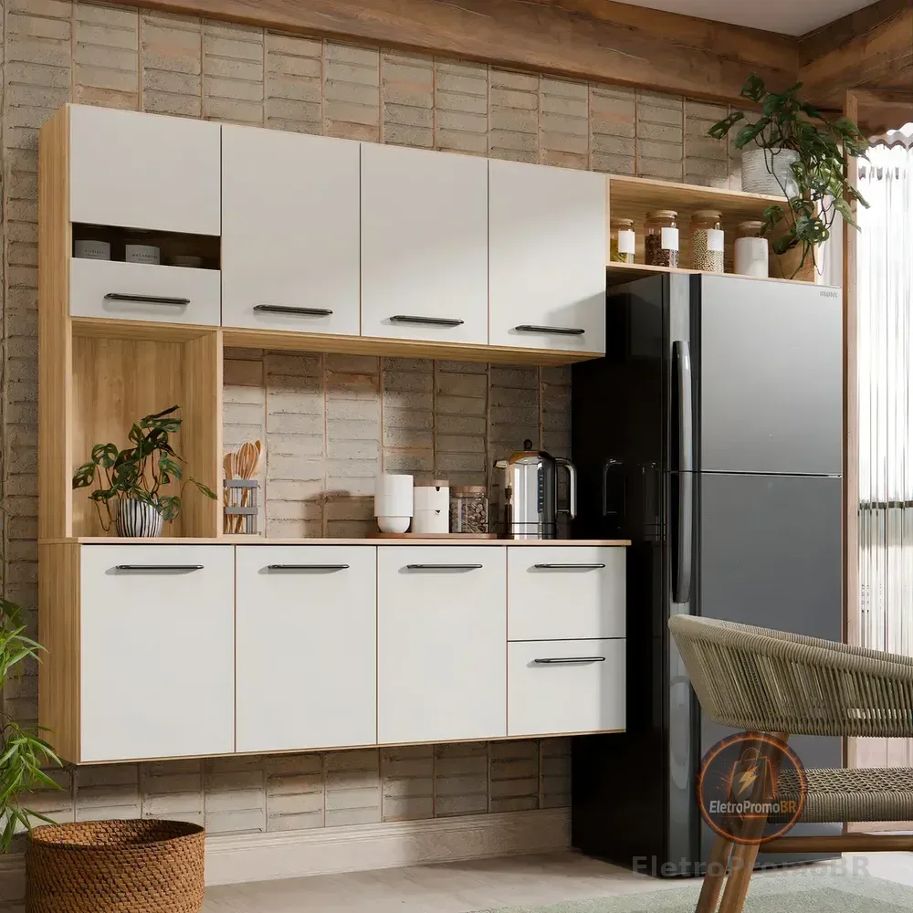 Armário De Cozinha Completa Aéreo 7 Portas E 2 Gavetas Planejada Suspenso Branco Off White Carvalho Nature Amadeirado Mel Off