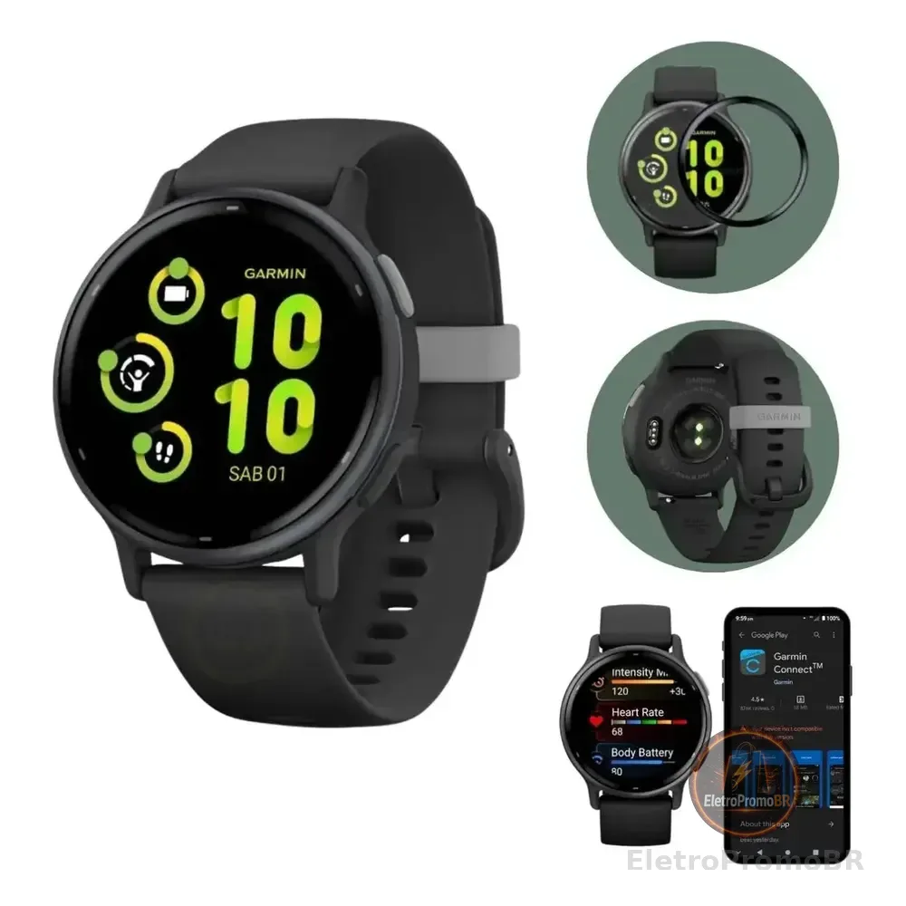 Relógio Garmin Vivoactive 5 Preto Pulseira Silicone Película Preto Pulseira De Silicone, Intercambiável