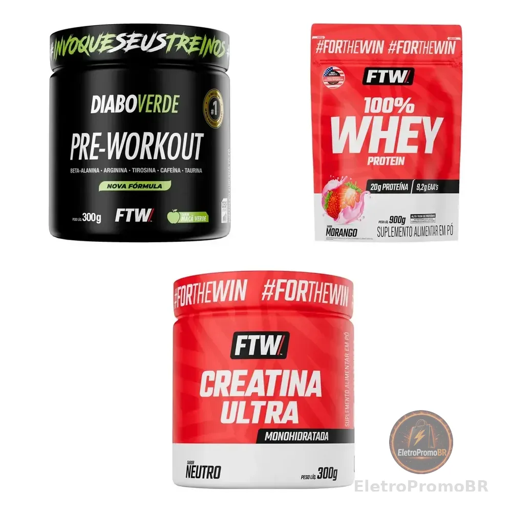 Creatina Ultra 300g  + Pré-treino Maçã Verde 300g + Whey Morango 900g