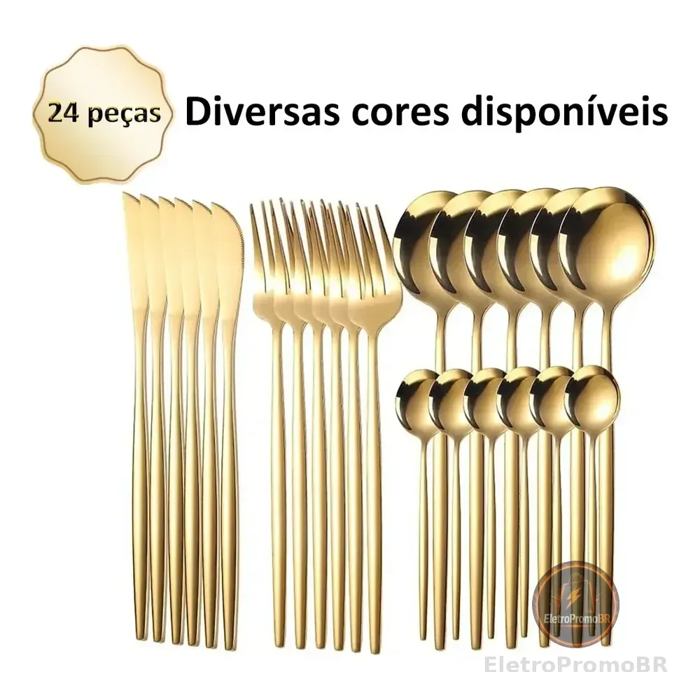Faqueiro Kit Talheres Em Aço Inox Com Detalhe 24 Peças Dourado