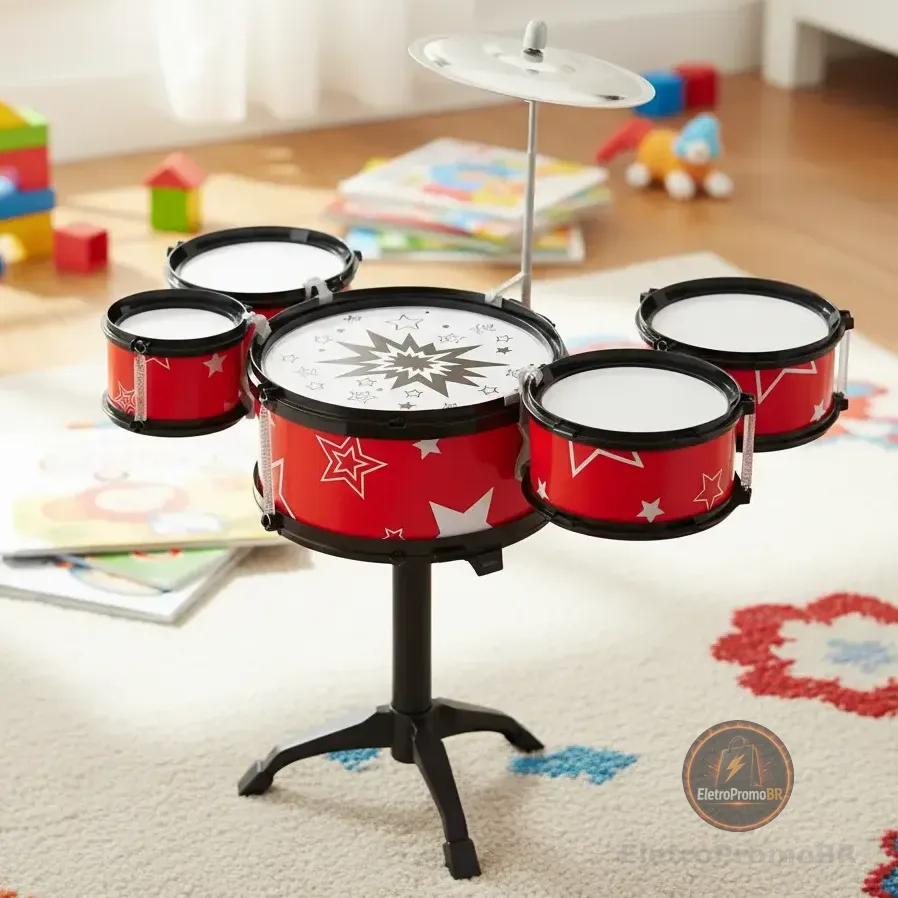 Mini Bateria Infantil Brinquedo Com Prato Tambor E Baqueta Vermelho
