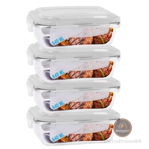 Jogo 4 Potes de Vidro Hermético Marmita Tampa 4 Travas 640ml