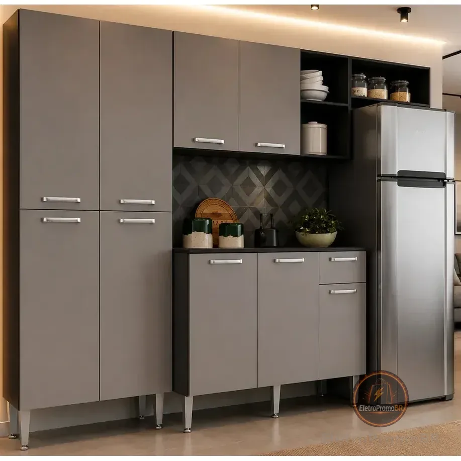 Armário De Cozinha Compacta Pequim Multimóveis V2933 Cor Preto/lacca Fumê