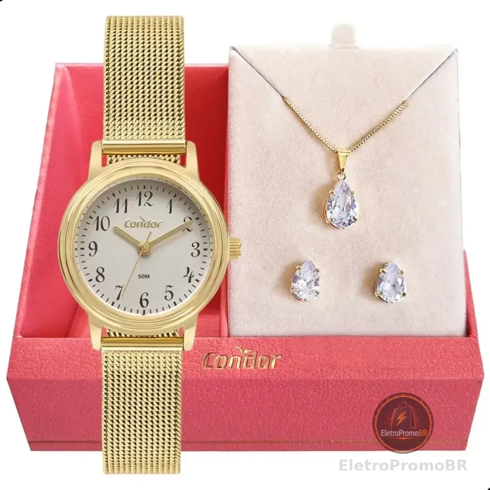 Relógio Feminino Condor Dourado Pequeno Pulseira Mesh Luxo Fundo Branco