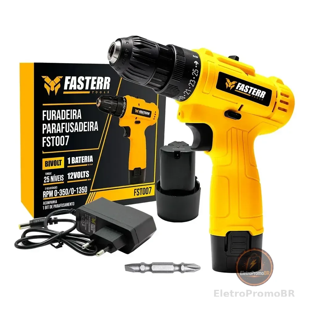 Parafusadeira Furadeira 3/8 10mm Bivolt A Bateria Com Carregador - Fasterr Tools Amarelo 12v 60hz