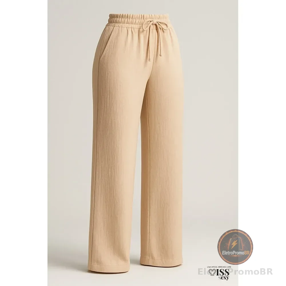 Calça Feminina Alfaiataria Wide Leg Social Pantalona Bege M