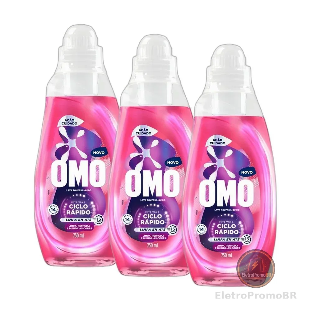 Kit 3 Lava-Roupas Líquido Omo Ciclo Rápido Ação Cuidado Frasco 750ml cada