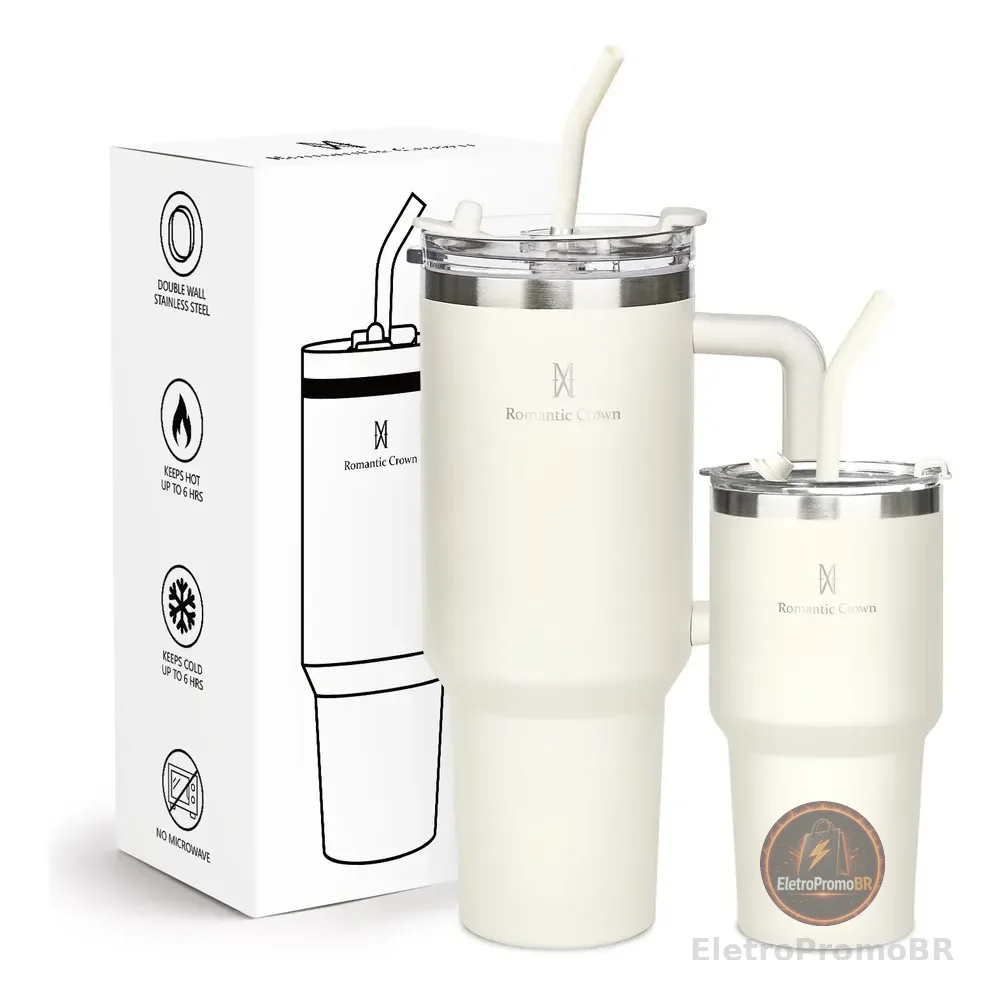 Kit Copo Térmico 1.2l+600ml Garrafa Inox Com Tampa E Canudo Branco Cor Pura / Material Fosco