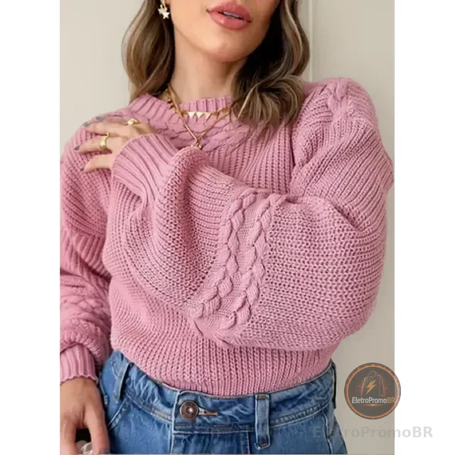 Blusa Cropped Manga Longa Bufante Tricot Com Trança Feminina