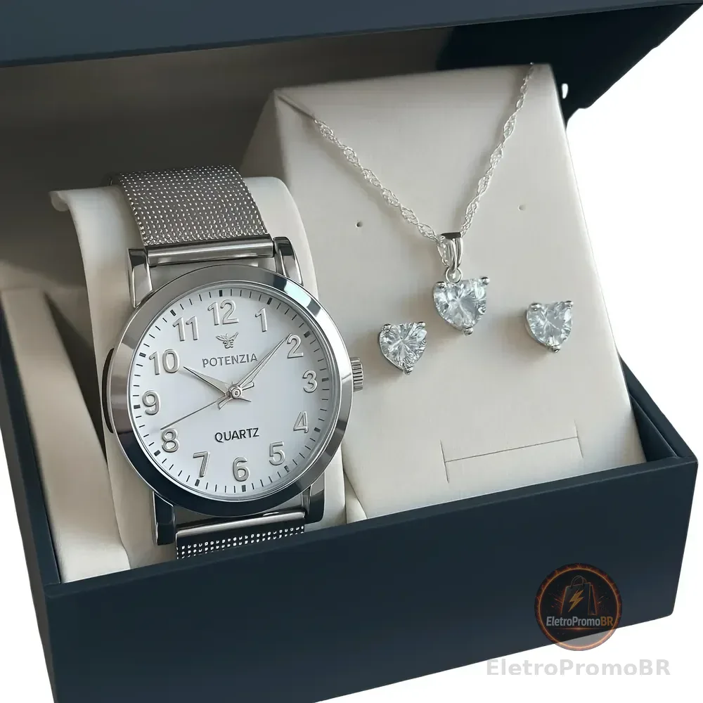 Kit Relógio Feminino Quartz Prova Dágua + Colar E Brincos Cinza Prateado Branco
