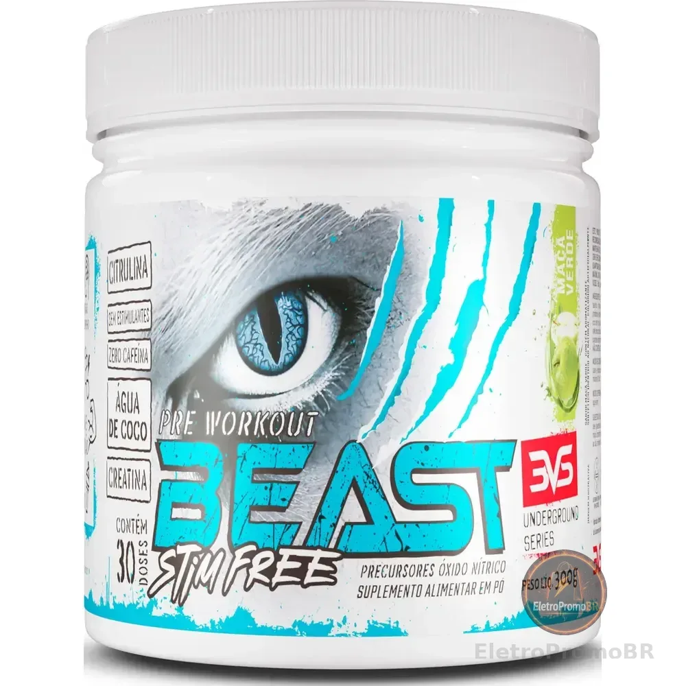 Pré Treino Sem Cafeína Beast 300g - Sabor Maçã Verde - Fórmula Exclusiva Com Citrulina, Beta Alanina, Creatina, Água De Coco, Arginina, Taurina E Tirosina