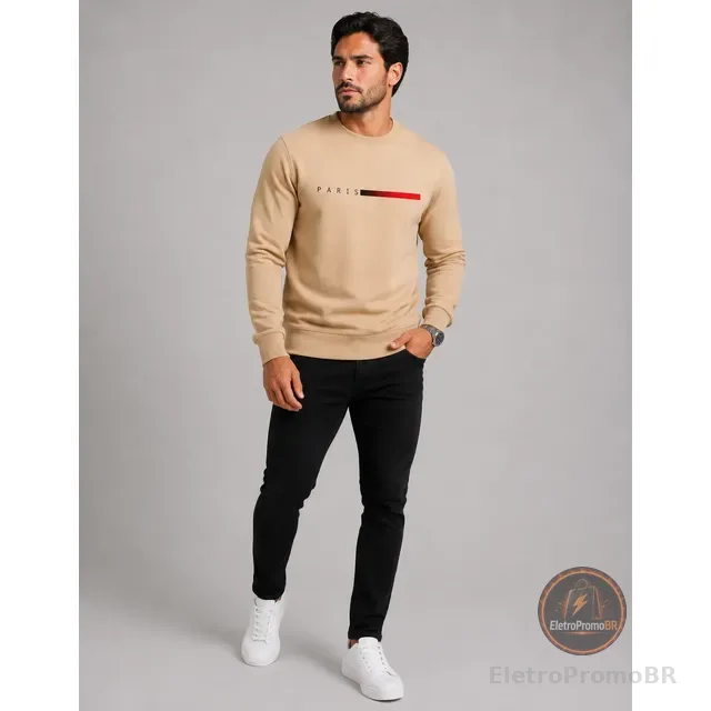 Moletom Masculino Gola Careca Flanelado Paris Suéter Frio