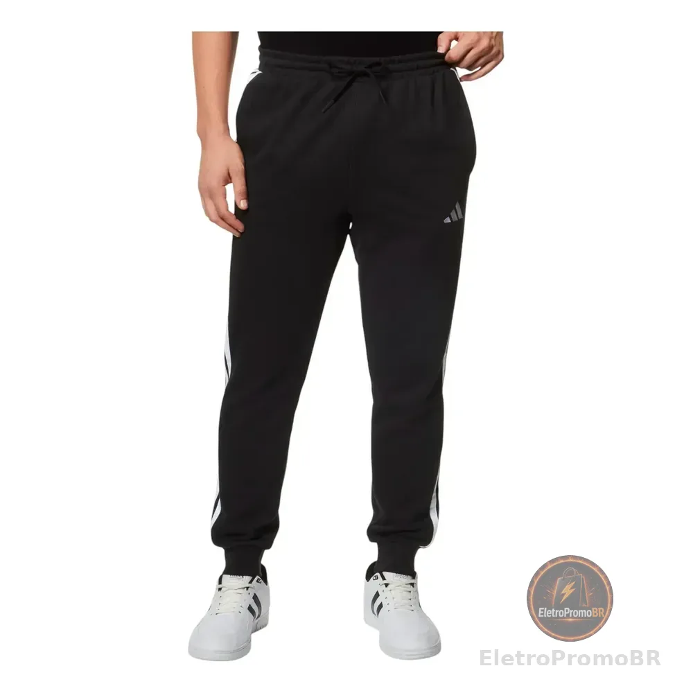 Calça Masculina Essentials French Terry 3 Listras adidas Preto E Branco Liso Gg