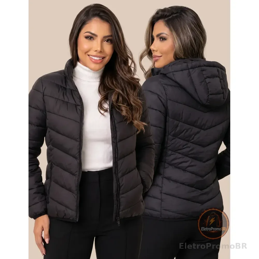 Jaqueta Feminina Puffer Impermeável Capuz Inverno Frio Preto M(38/40)