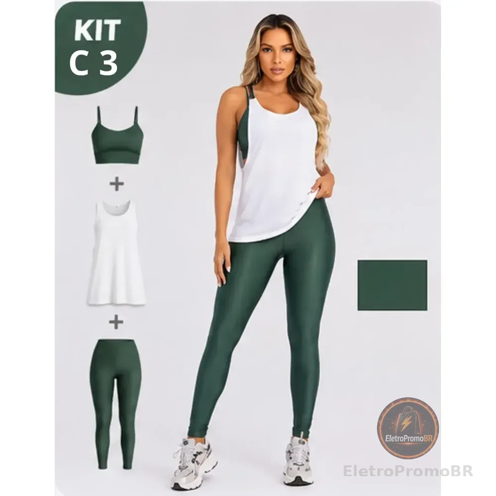Kit Conjunto Cropped Legging + Regata Fitnes Academia Treino Verde Militar M