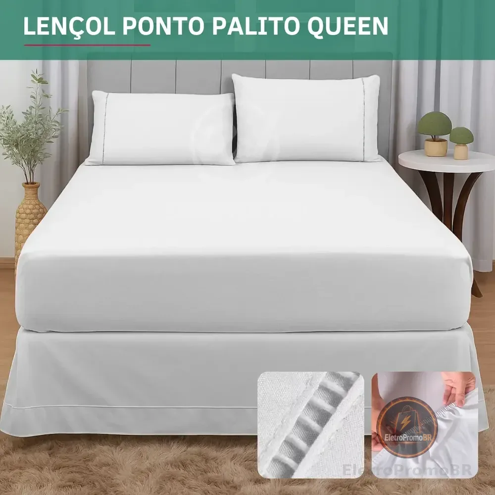 Kit Jogo De Lençol Queen 3 Pçs 400 Fios C/ Elástico Detalhe Ponto Palito Fronha Super Macio Confortável Hotel Cor Branco Premium Liso