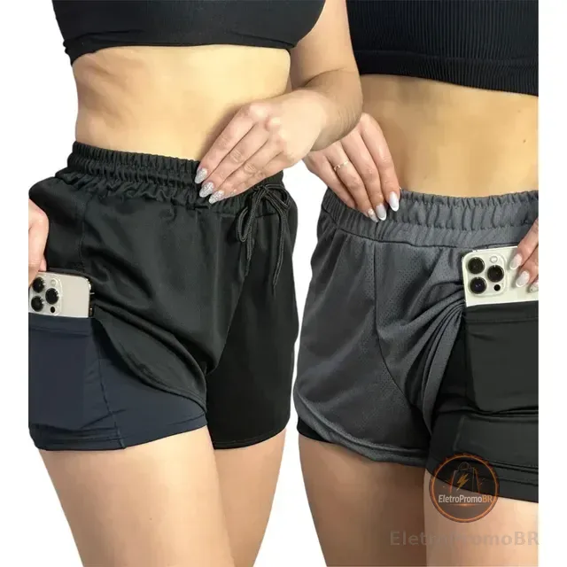 Kit 2 Shorts 2 Em 1 Feminino Academia Treino Bolso Interno