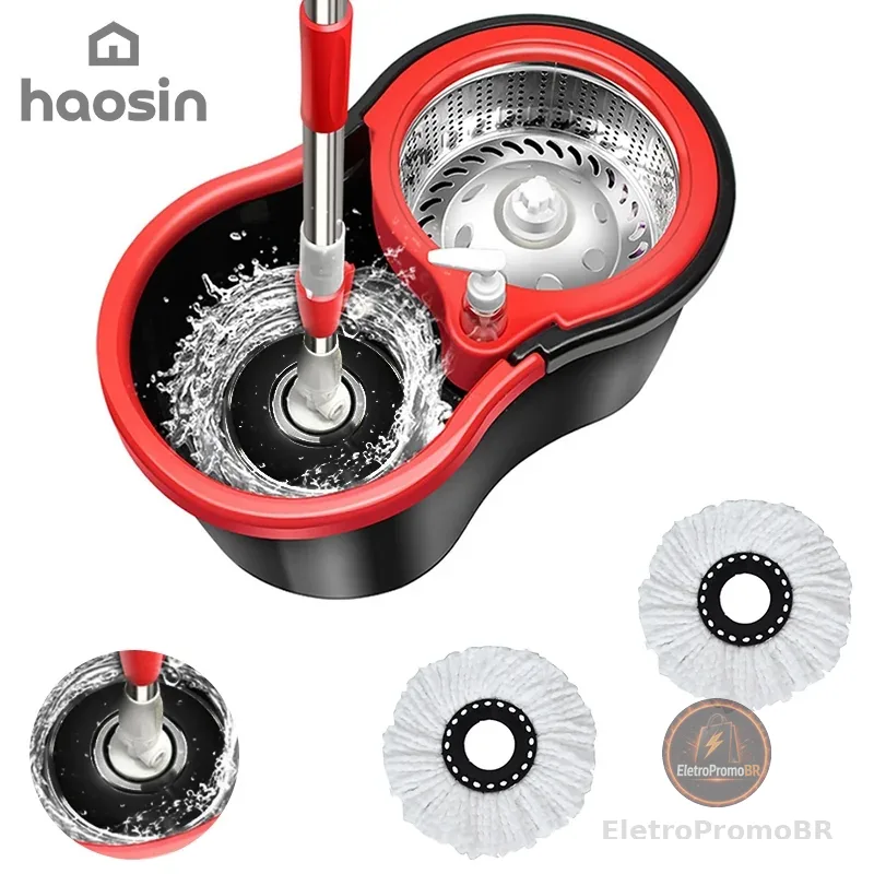 HAOSIN 360°Mop Aço inoxidável Giratório Esfregão Profissional 2 Refis Cesto Giratório 140cm de  cabo