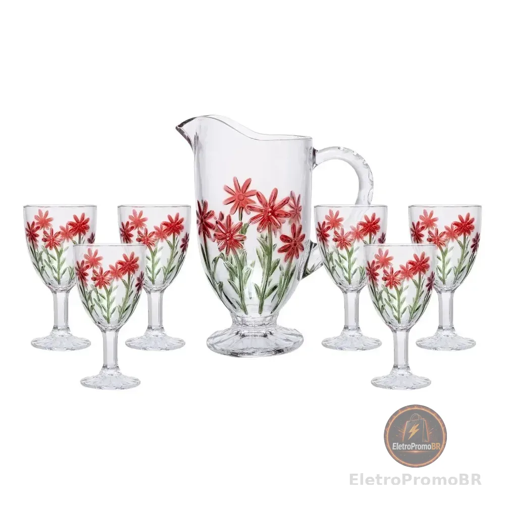 Conjunto Jarra Com 6 Taças Red Flower 1,3l/320ml Cristal Wolff Incolor