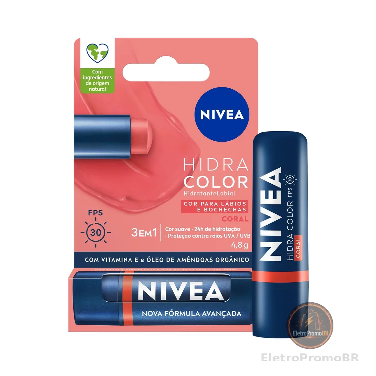 NIVEA Hidratante Labial Hidra Color 3 em 1 Coral 4,8g, Cor Intensa, Hidratação 24h, Proteção UVA/UVB, Lábios e Bochechas