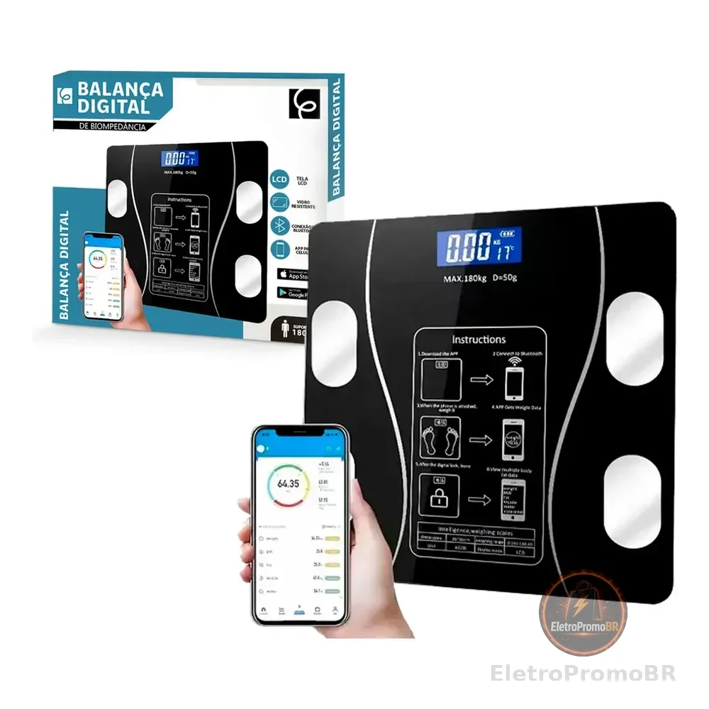 Balança Digital Corporal Bioimpedancia Aplicativo Banheiro Preto 127/220v