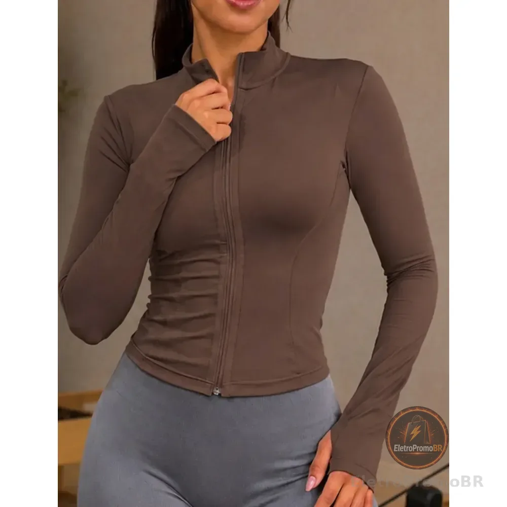 Jaqueta Yoga Fitness Feminina Zíper Manguito Academia Marrom M