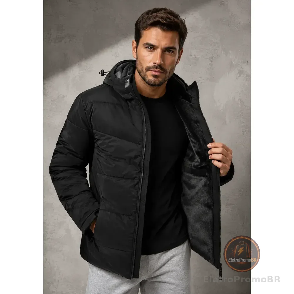 Jaqueta Puffer Masculina Térmica Com Capuz Forro Interno Preto G Liso