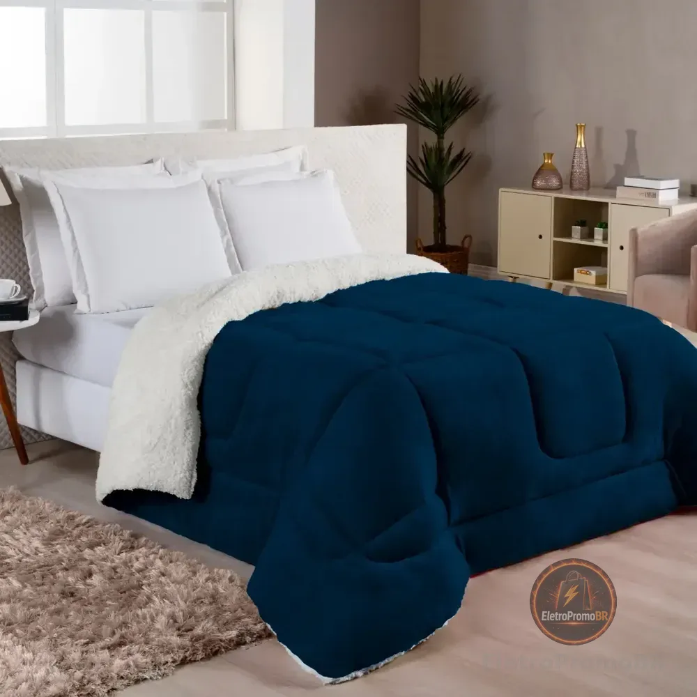 Edredom Sherpa Cobertor E Coberdrom Casal Queen Grosso Cores Azul-marinho Lisa