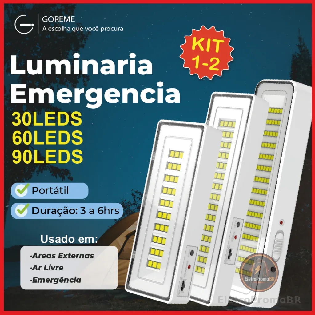 Luminária Emergência Lâmpada Portátil 30 60 90 Leds Recarregável Bivolt Luz Branca Fria