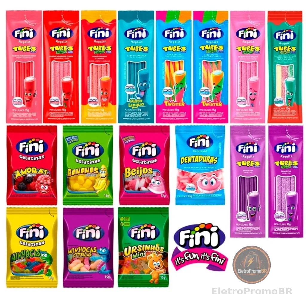 Kit C/30un Balas Fini Sabores Variados Balas de Gelatinas Tubes Cítricas Azedinhas 15g
