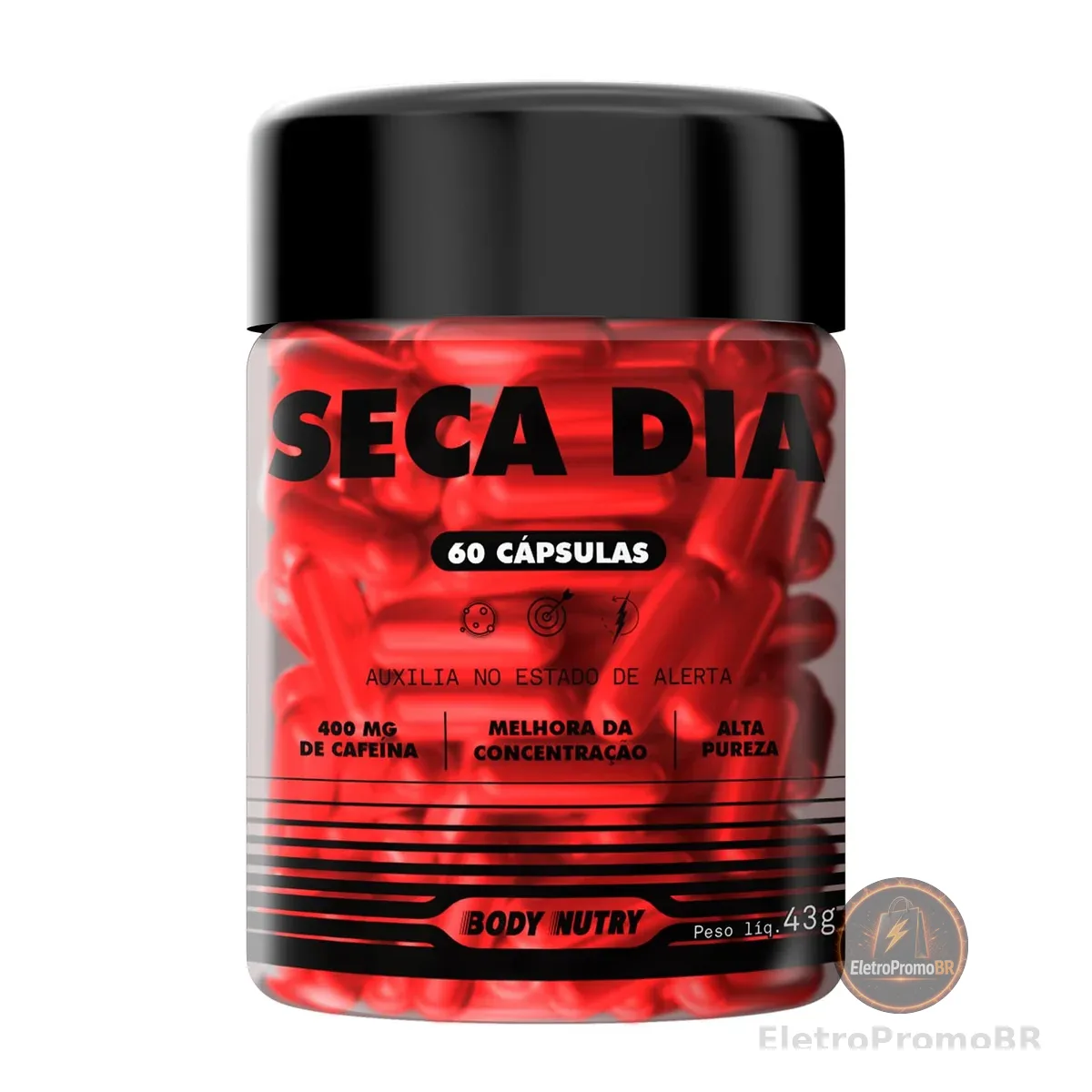 Seca Dia 400mg por Dose de Cafeína Termogênico 60 Cápsulas Alta Pureza - Melhora na Concentração Suplemento Alimentar em Cápsulas Matéria Prima Importada - Original Body Nutry