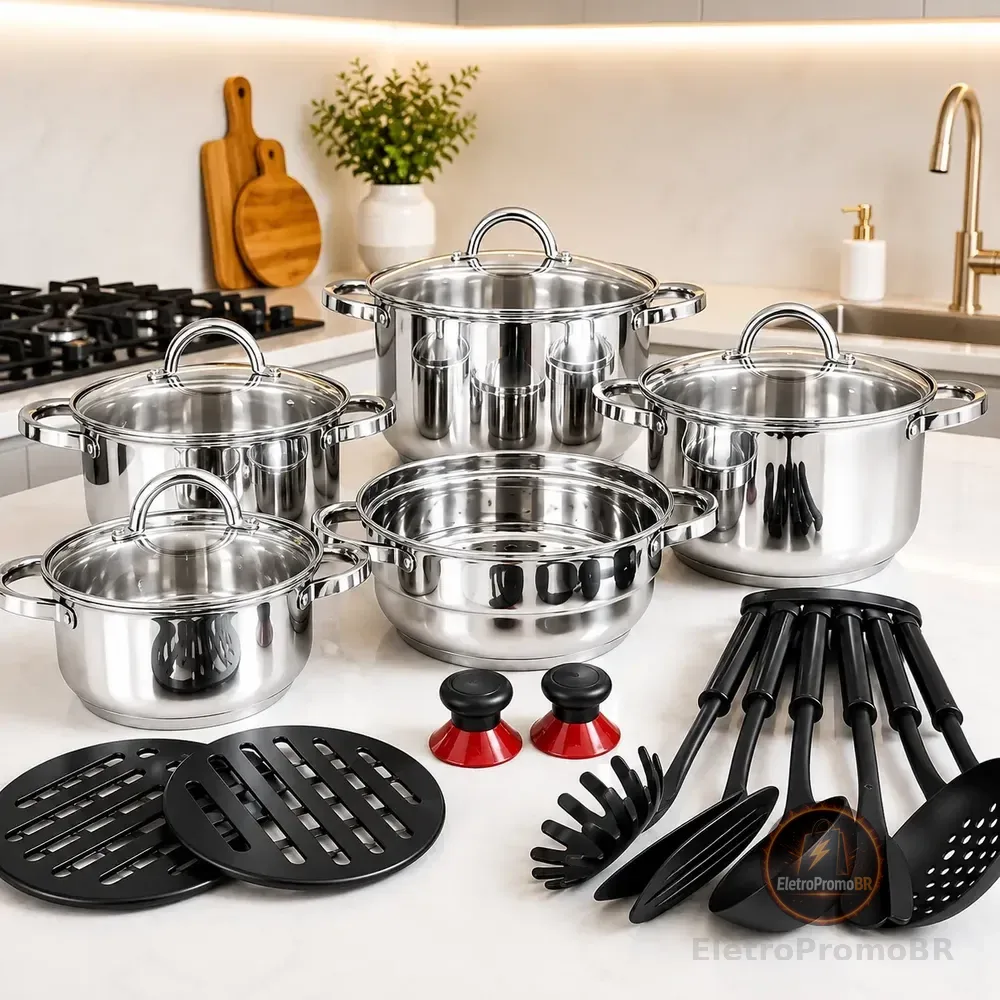 Jogo Panelas Inox 19 Peças Genebra Completo C/ Utensílios Prateado