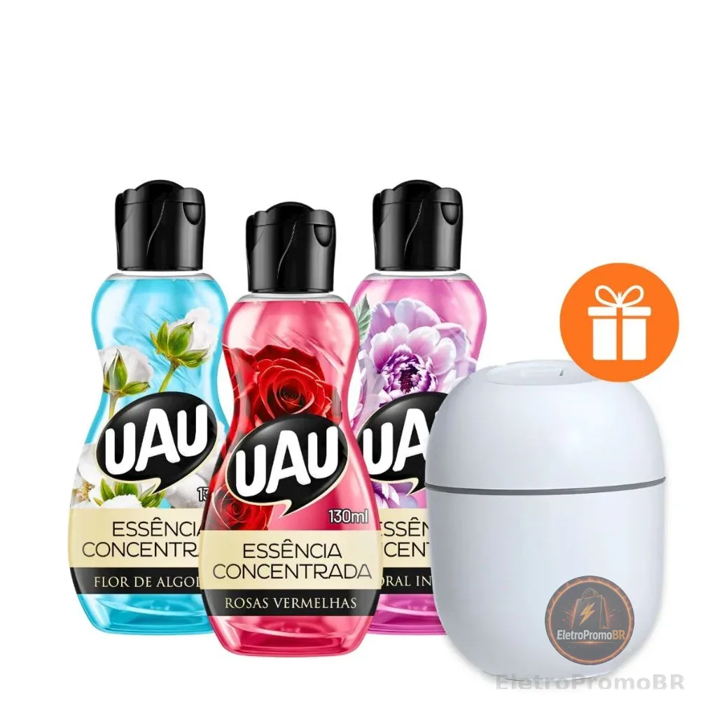 Kit 3 Essências UAU Flor e Algodão, Rosas Vermelhas e Floral + Brinde Umidificador
