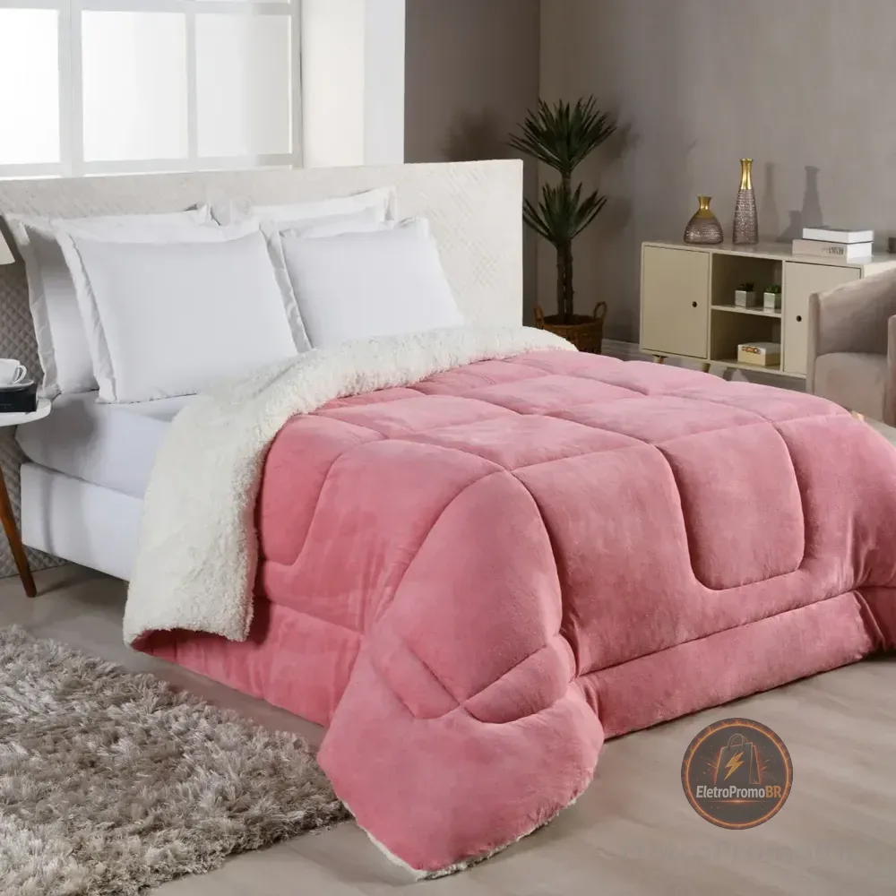 Edredom Sherpa Cobertor E Coberdrom Casal Queen Grosso Cores Rose Lisa