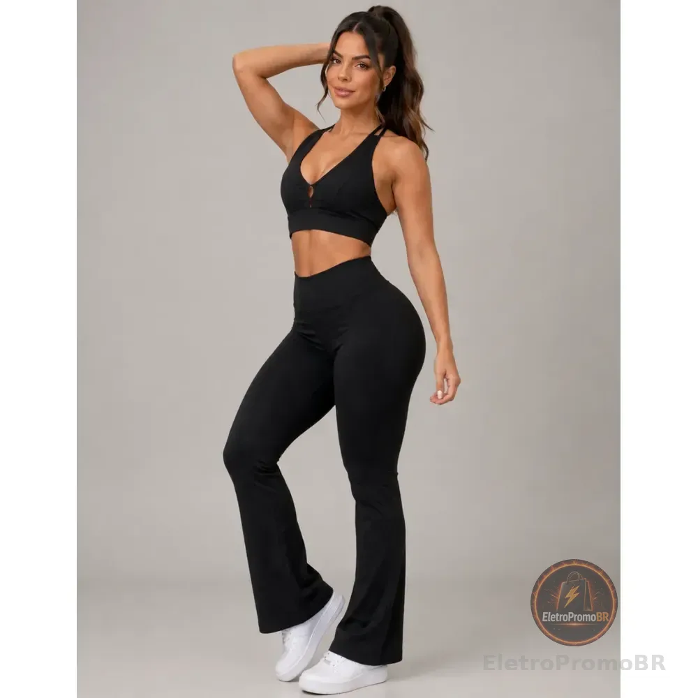 Conjunto Academia Top Calça Legging Flare Fitness Roupa Alta Preto Lisa M 38/40