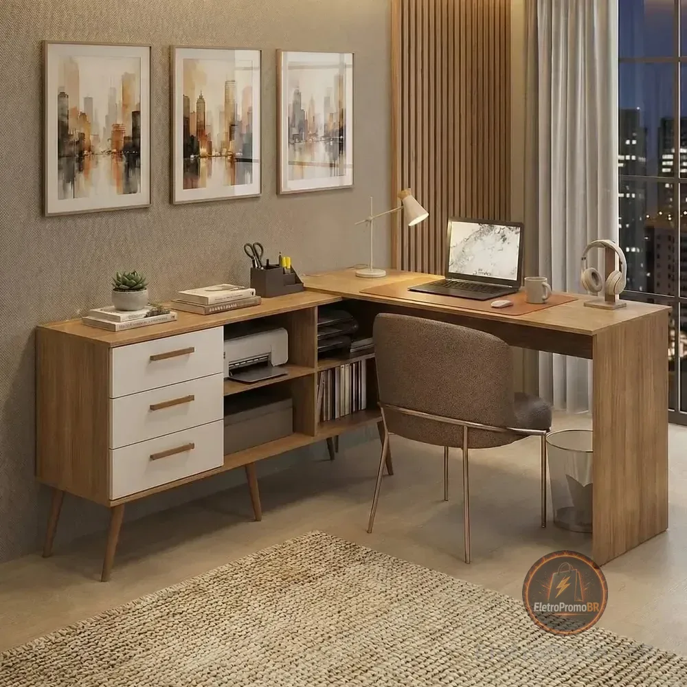 Mesa De Escritório Em L Com 3 Gavetas Porto Multimóveis Mp6044 Madeirado/branco