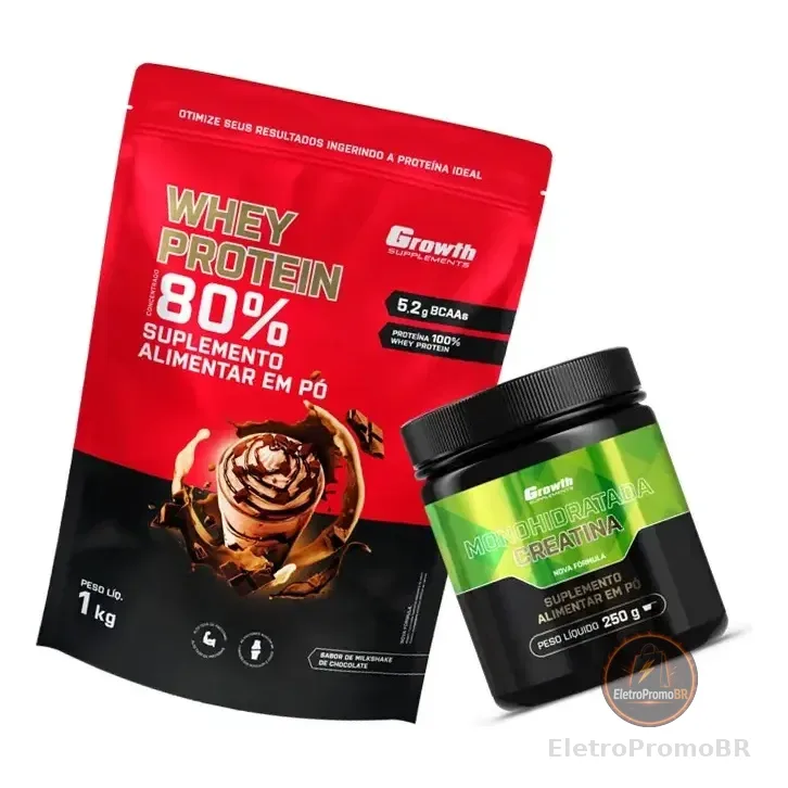 Kit Growth: Whey Protein Milkshake Chocolate 1kg + Creatina Monohidratada 250g Sem Sabor