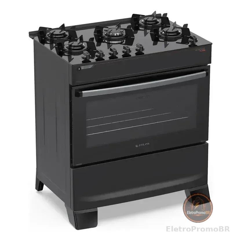 Fogão 5 Bocas Atlas Atenas Glass A Gás Com Mesa De Vidro E Mega Chama Preto Bivolt 127/220v Preto 127/220v