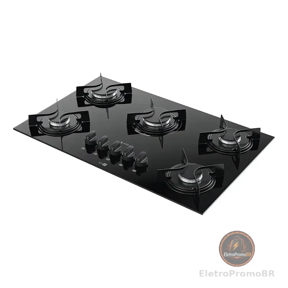 Cooktop 5 Bocas Atlas Agile Up Preto Com Mesa De Vidro E Mega Chama 127/220v