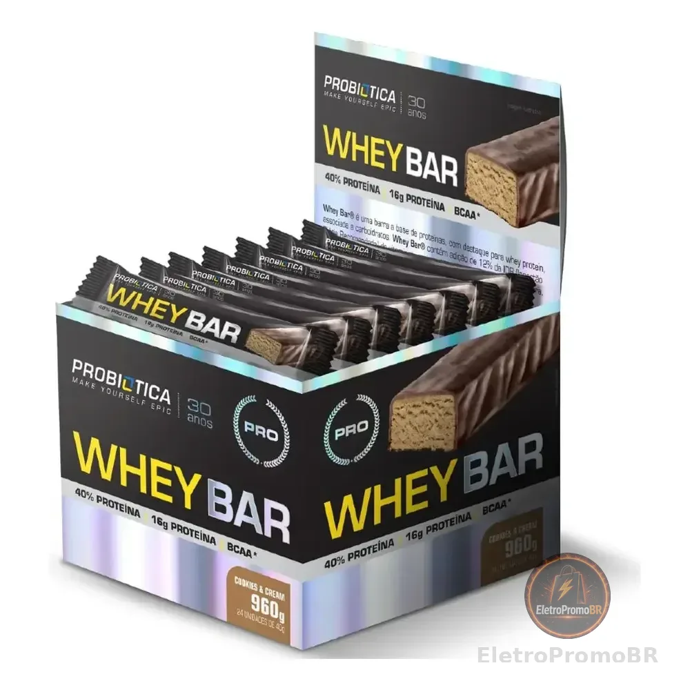 Barra De Proteína 24 Unidades Whey Bar Probiótica Cookies Cream Alto Proteico