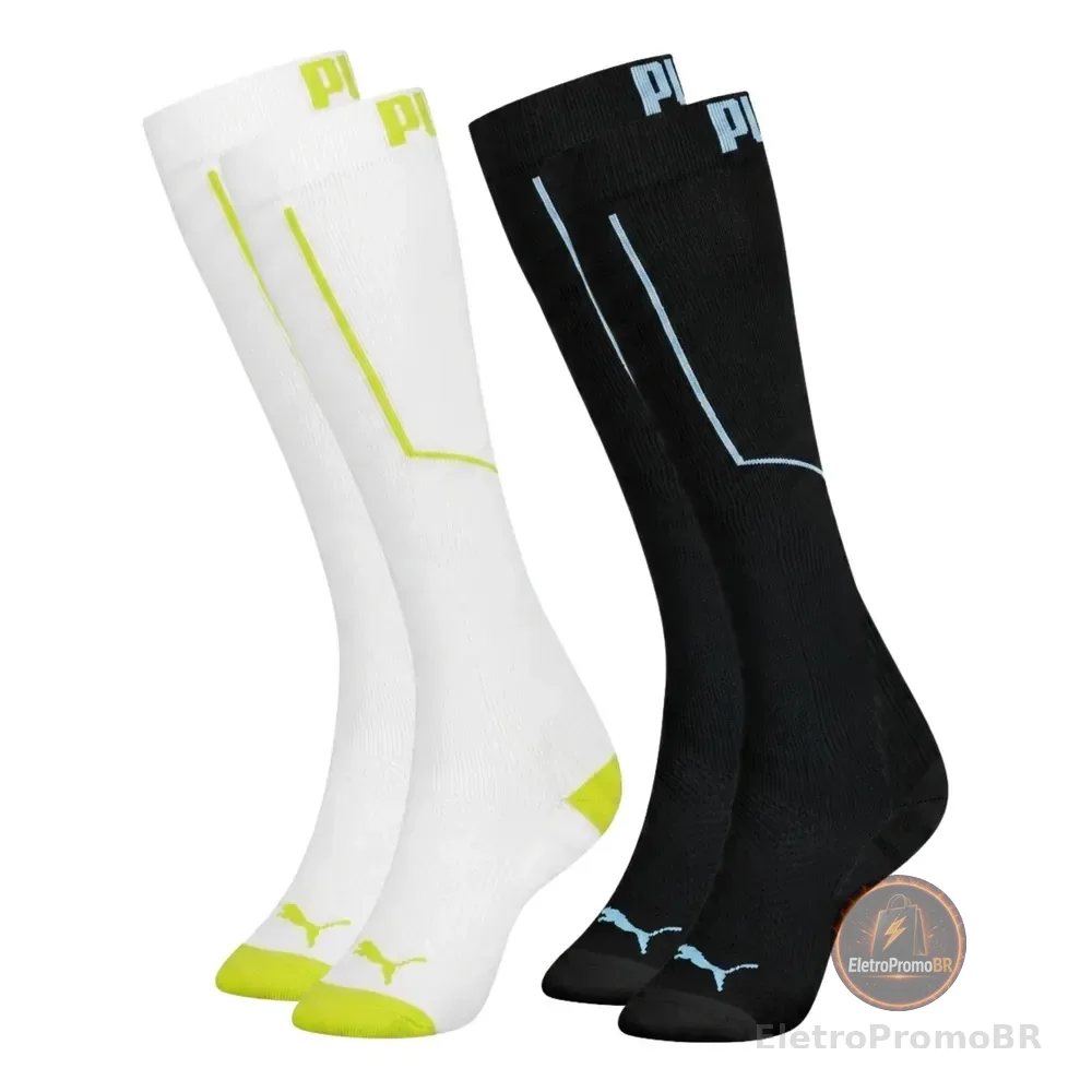 2 Pares Meia Puma 3/4 Compressão Corrida Poliamida Masculina 1 Branco - 1 Grafite Esportiva Academia Anti Atrito 39-43