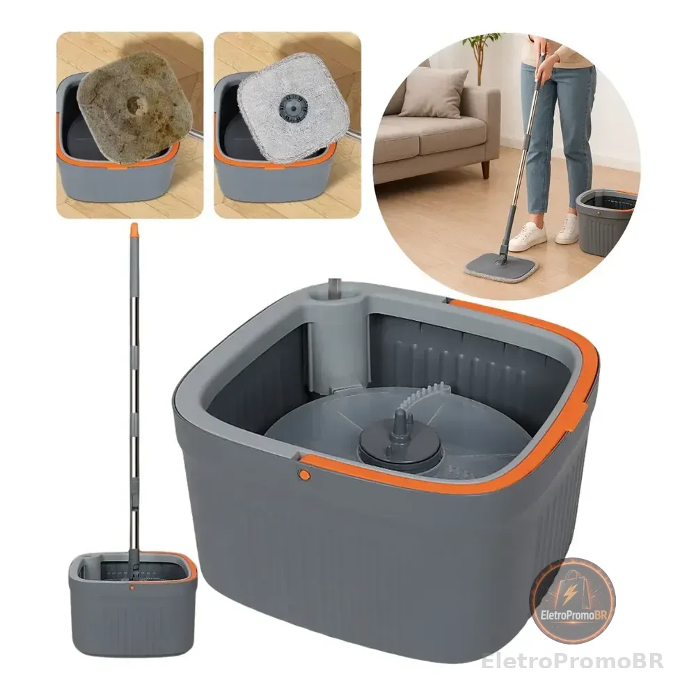 Mop Giratorio Agua Limpa Quadrado Compartimentos Separados Cor Cinza-escuro Import Poemme