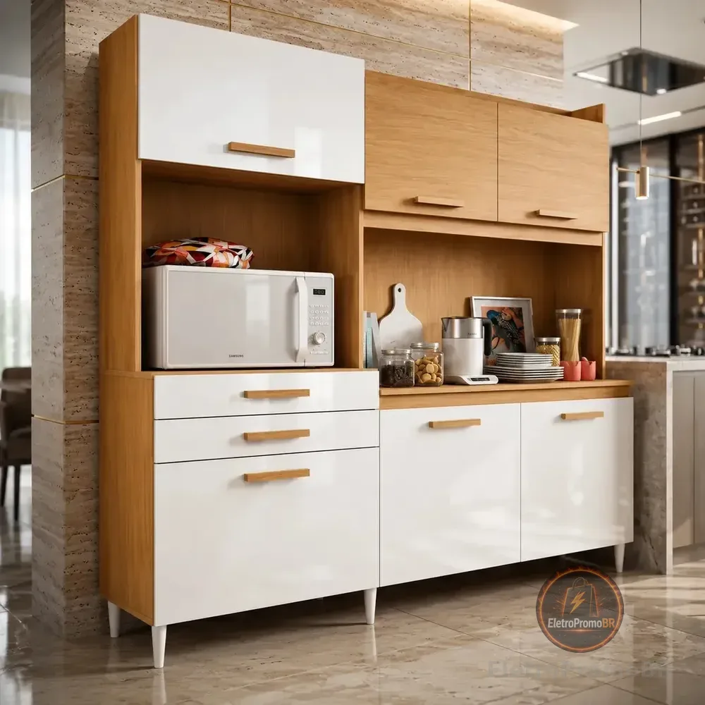 Kit Armário Cozinha Gaveteiro Organizador Selena 180 Completa 6 Portas 2 Gavetas Cinamomo Branco Compacta Moderna