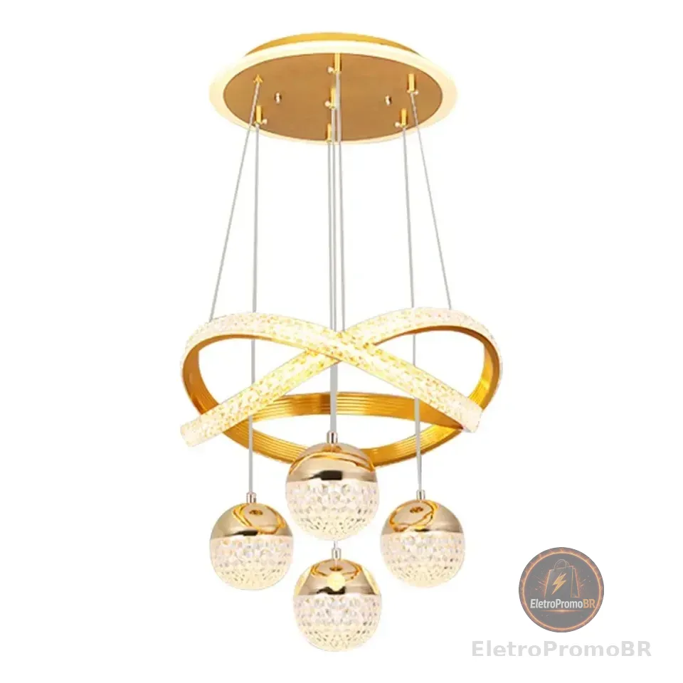 Lustres Led Pendente Moderno,luminaria De Teto 2anéis 4bolas 127/220v Dourado