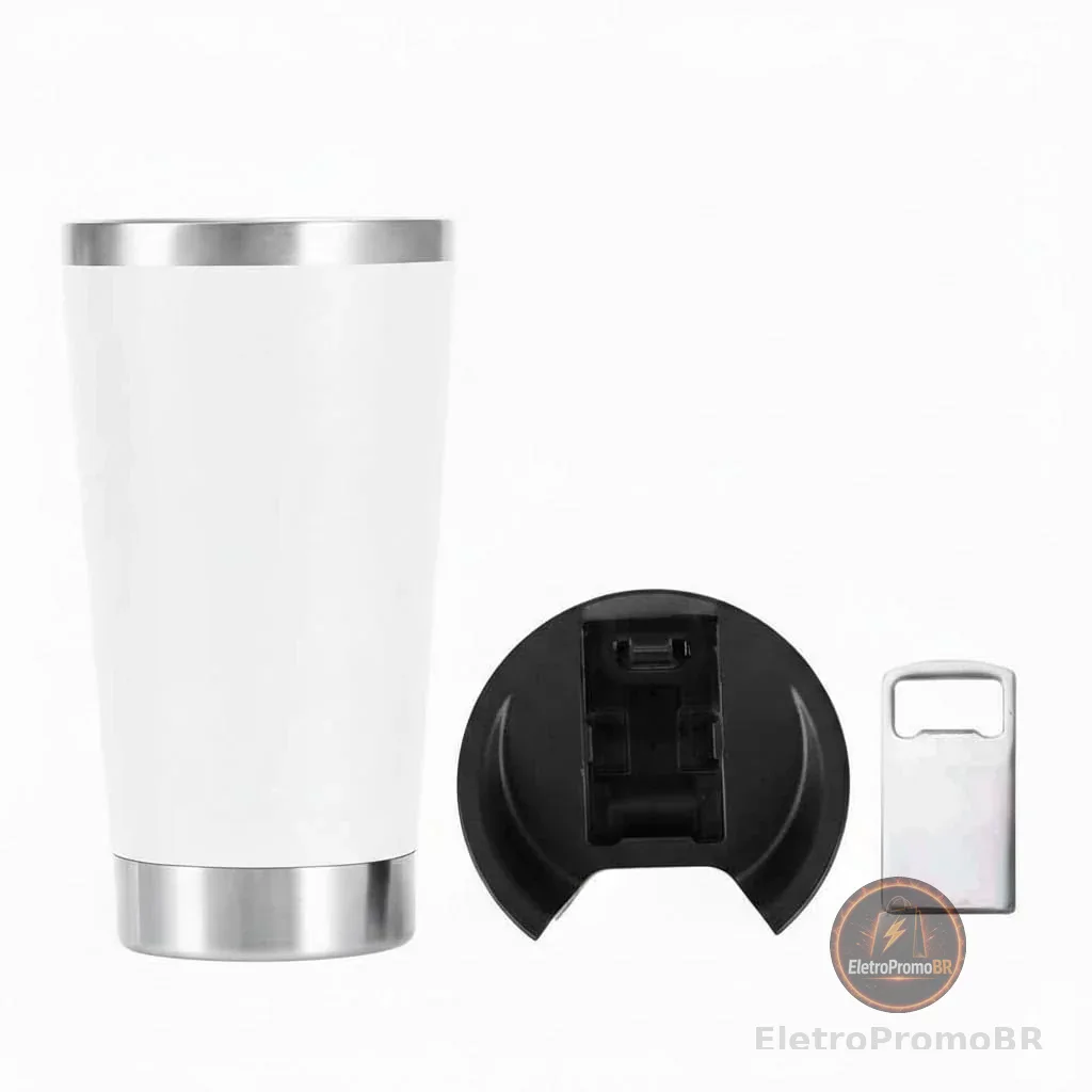 Copo Térmico Inox 473ml com Tampa, Abridor de Garrafas, Parede Dupla, Isolamento a Vácuo, Aço Inoxidável, para Cerveja e Bebidas Quentes (Branco)