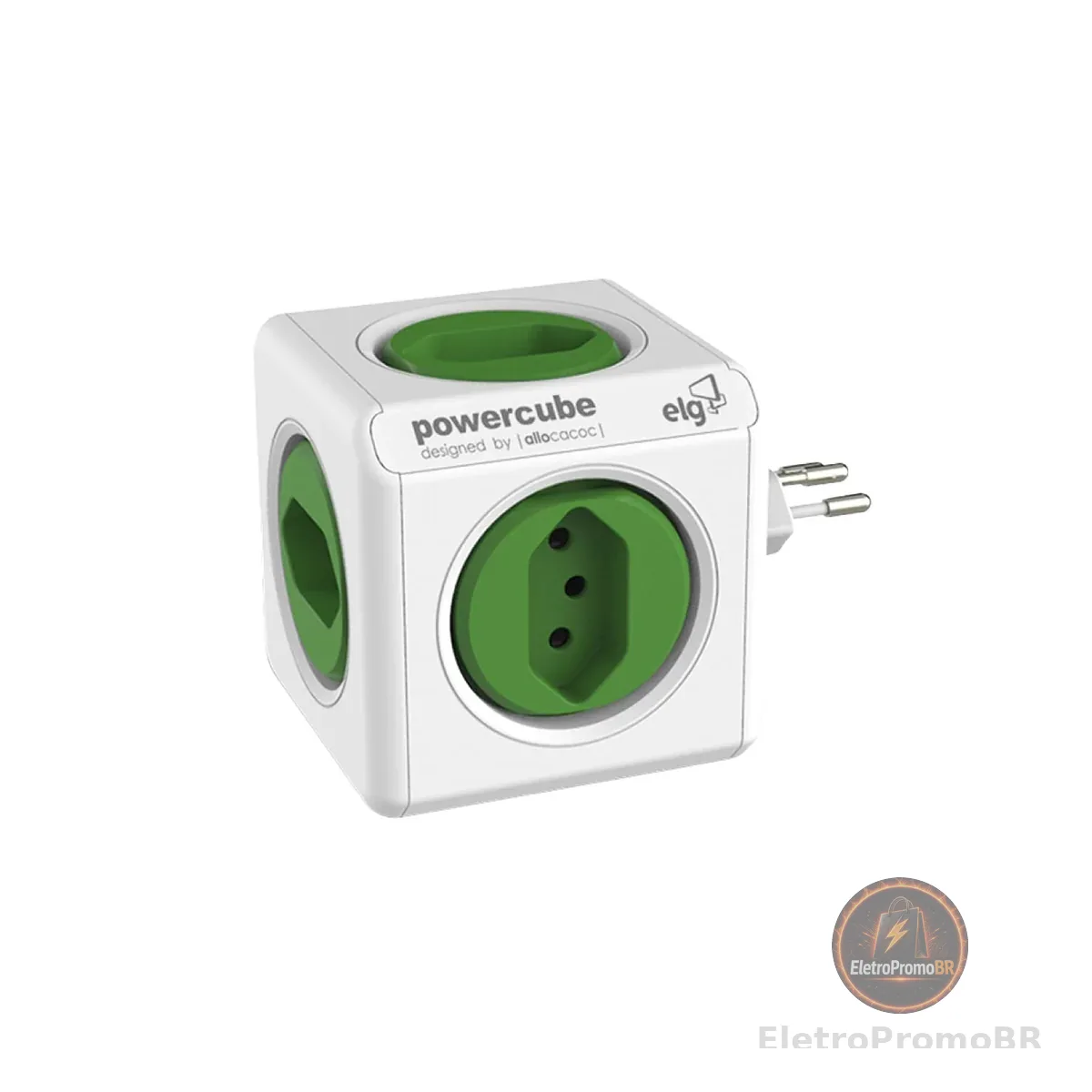 ELG, PWC-R5, PowerCube, Multiplicador 5 Tomadas, Disjuntor Integrado de 10A, Filtro de Linha com Protetor de Surto, Bivolt, Branco e Verde