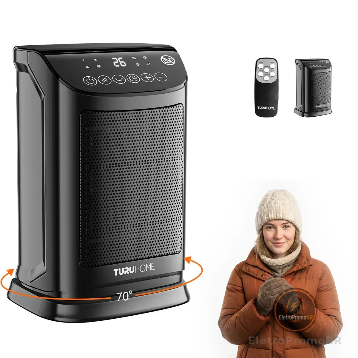 4 em 1 Ventilador de Ar Frio e Aquecedor,Termostato 10°C a 30°C, Oscilação 70° Timer 12h Controle Remoto, Aquecedor Cerâmico PTC, Proteção térmica, Pequeno para Quarto Escritório (127V)
